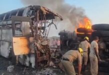 ਬਸ ਦੇ ਡੰਪਰ ਨਾਲ ਟਕਰਾਉਣ ਕਾਰਨ ਕਈ ਜਿੰਦਾ ਸੜੇ ਤੇ ਕਈ ਹੋਏ ਗੰਭੀਰ ਜ਼ਖ਼ਮੀ Aandhra Accident