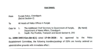 ਪੰਜਾਬ ਸਰਕਾਰ ਨੇ ਕੀਤੇ ਪੁਲਸ ਅਧਿਕਾਰੀਆਂ ਦੇ ਵੱਡੇ ਪੱਧਰ ਤੇ ਤਬਾਦਲੇ Transffers